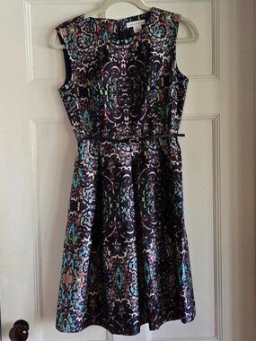 NWOT Liz Claiborne Women's Shift Dress A-Line Midi Geometric Belted Lined Size 6